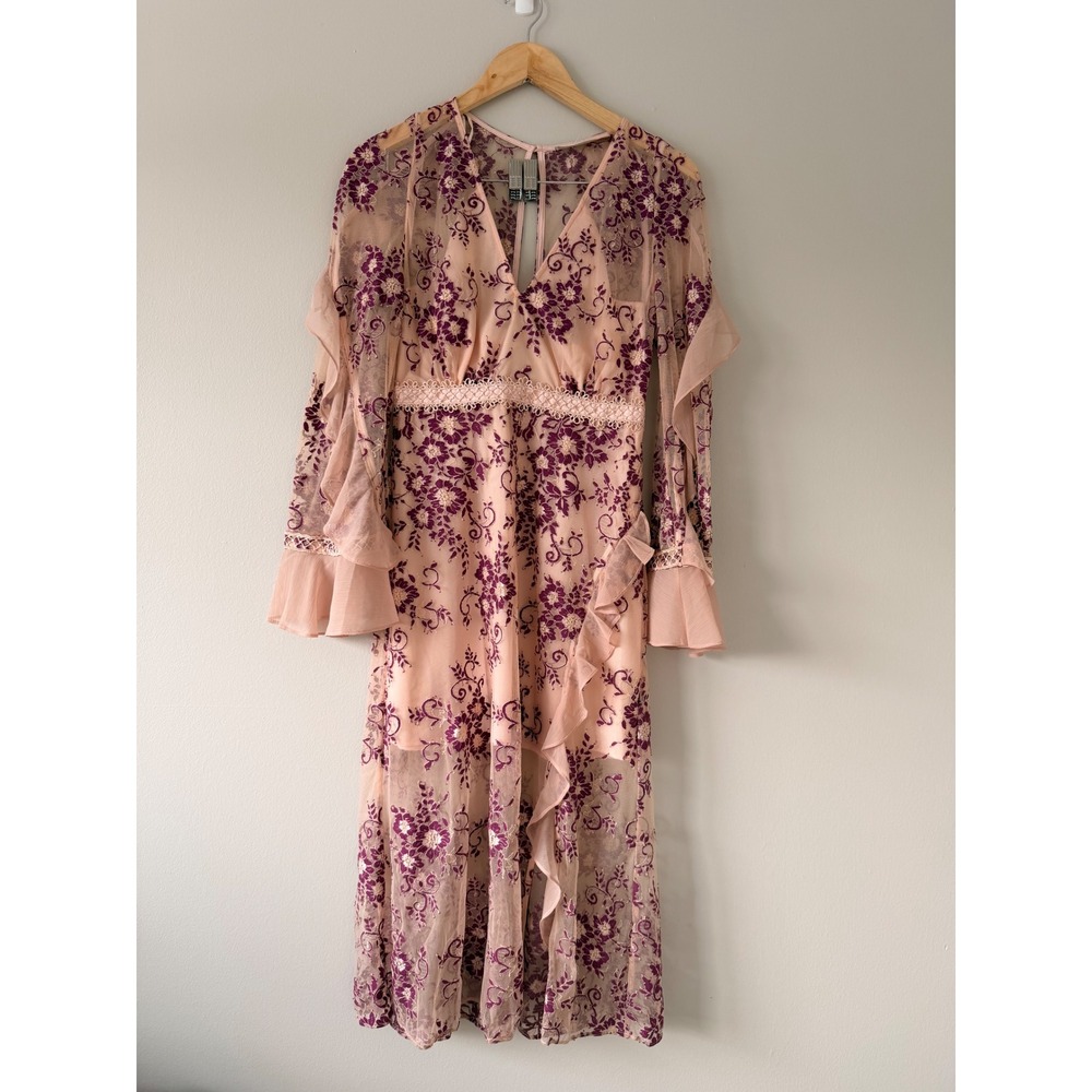 Long Sleeve Floral Ruffle Midi Dress in Blush and Plum